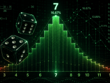 A bar chart of two-dice totals peaking at seven with 16.67 per cent and falling to 2.78 per cent at two and twelve, over the probability formula and the combination count for each total
