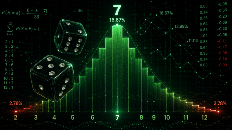 A bar chart of two-dice totals peaking at seven with 16.67 per cent and falling to 2.78 per cent at two and twelve, over the probability formula and the combination count for each total