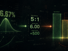 A probability curve at 16.67 per cent resolving into odds of 5 to 1, decimal 6.00 and American plus 500, beside two bars comparing a fair payout with a lower offered payout and the house margin between them