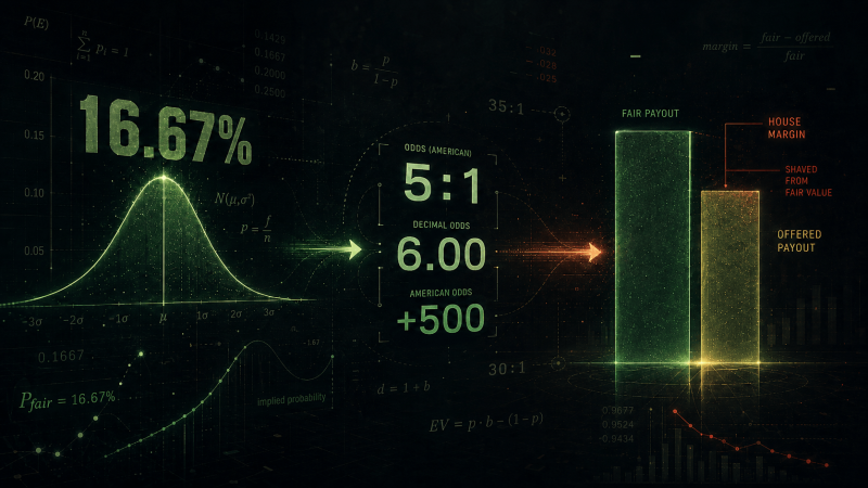 A probability curve at 16.67 per cent resolving into odds of 5 to 1, decimal 6.00 and American plus 500, beside two bars comparing a fair payout with a lower offered payout and the house margin between them