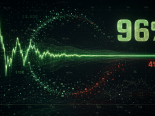 A jagged green line settling from wide swings toward a flat 96.0 per cent as the number of rounds grows from 100 to a million, with 96 per cent and a red 4 per cent marked at the right