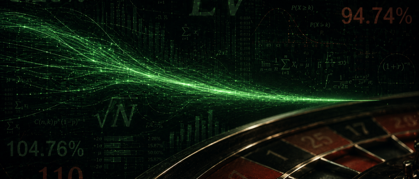 Casino math over a roulette wheel: green probability curves converging on a single line, the expected value and standard deviation formulas, and the figures 5.26%, 94.74% and 104.76% beside a -110 price.