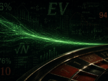 Casino math over a roulette wheel: green probability curves converging on a single line, the expected value and standard deviation formulas, and the figures 5.26%, 94.74% and 104.76% beside a -110 price.