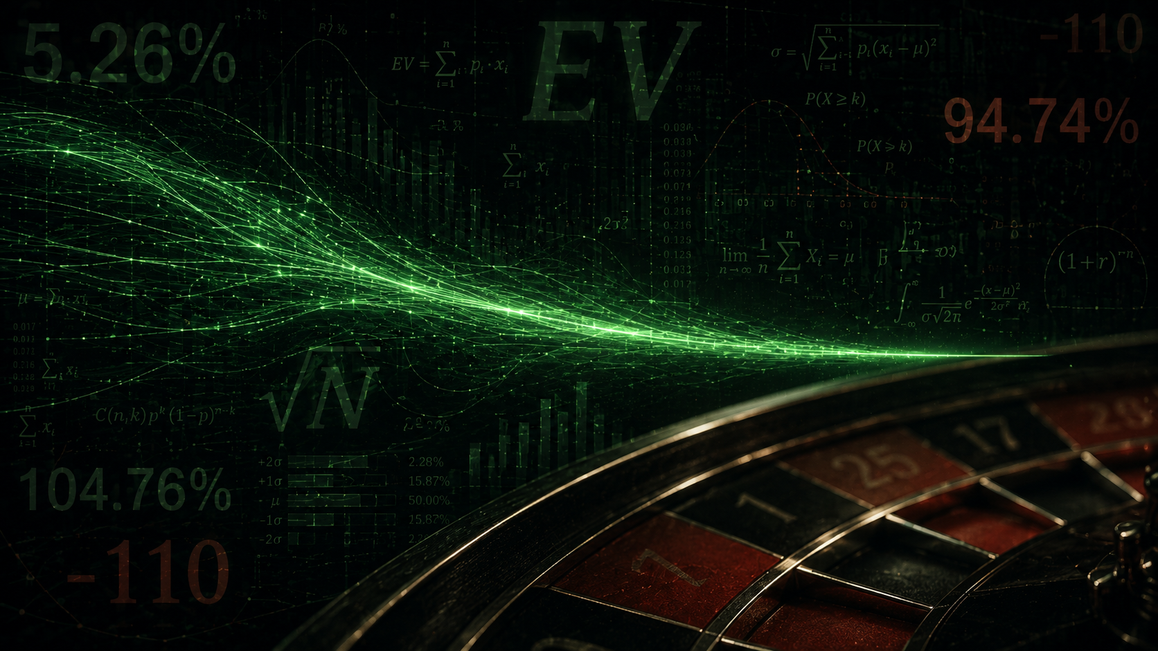 Casino math over a roulette wheel: green probability curves converging on a single line, the expected value and standard deviation formulas, and the figures 5.26%, 94.74% and 104.76% beside a -110 price.