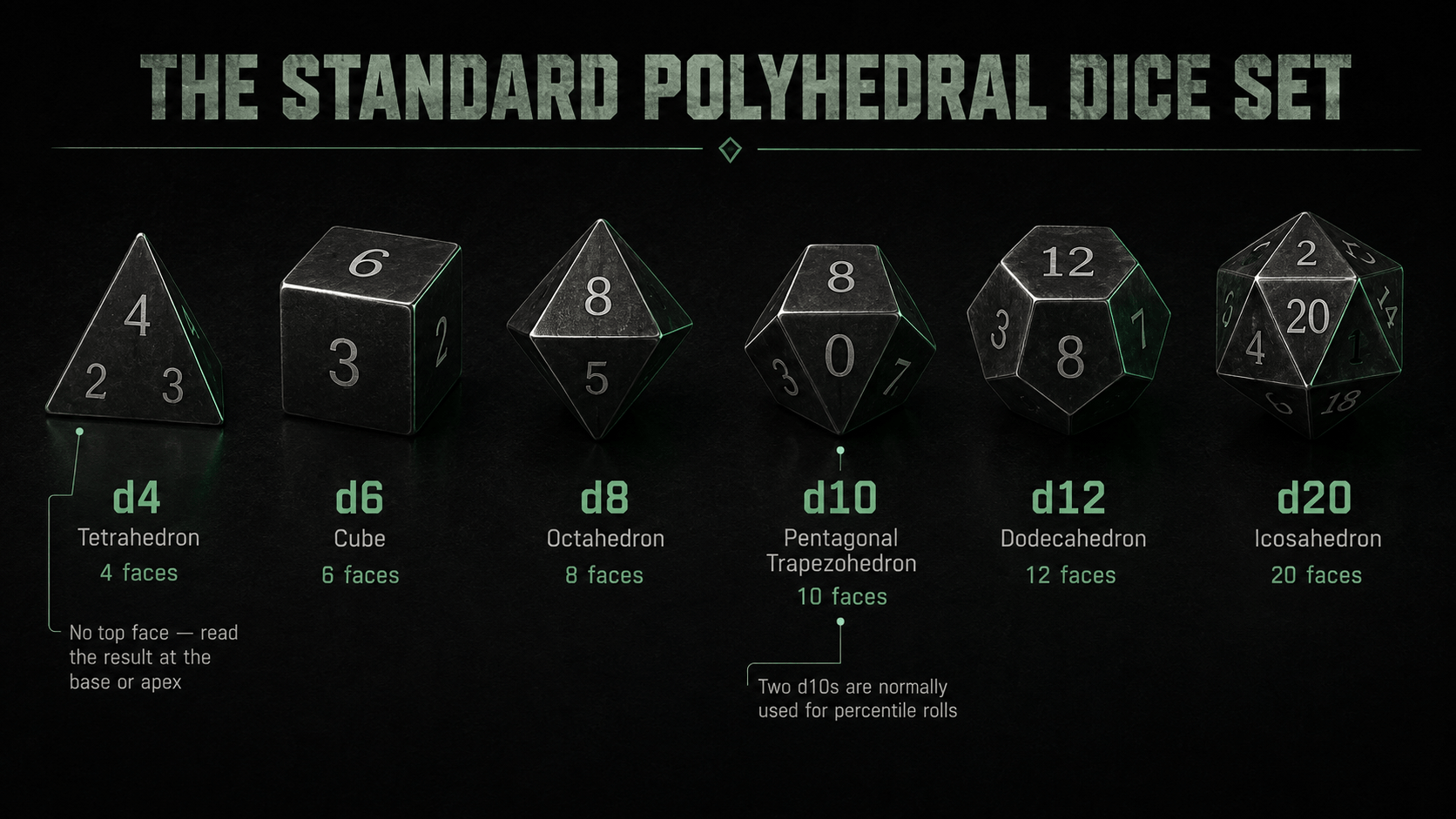 The standard polyhedral dice set: d4 tetrahedron with four faces, d6 cube with six, d8 octahedron with eight, d10 pentagonal trapezohedron with ten, d12 dodecahedron with twelve and d20 icosahedron with twenty, noting that the d4 is read at its base and that two d10s are used for percentile rolls