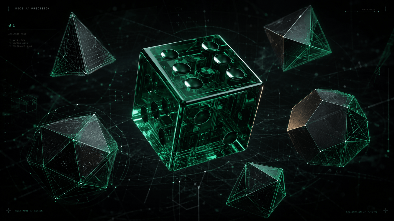 A transparent green casino die surrounded by wireframe renders of a tetrahedron, octahedron, dodecahedron and icosahedron on a dark technical grid