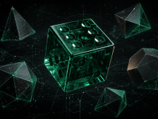 A transparent green casino die surrounded by wireframe renders of a tetrahedron, octahedron, dodecahedron and icosahedron on a dark technical grid