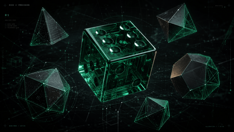 A transparent green casino die surrounded by wireframe renders of a tetrahedron, octahedron, dodecahedron and icosahedron on a dark technical grid