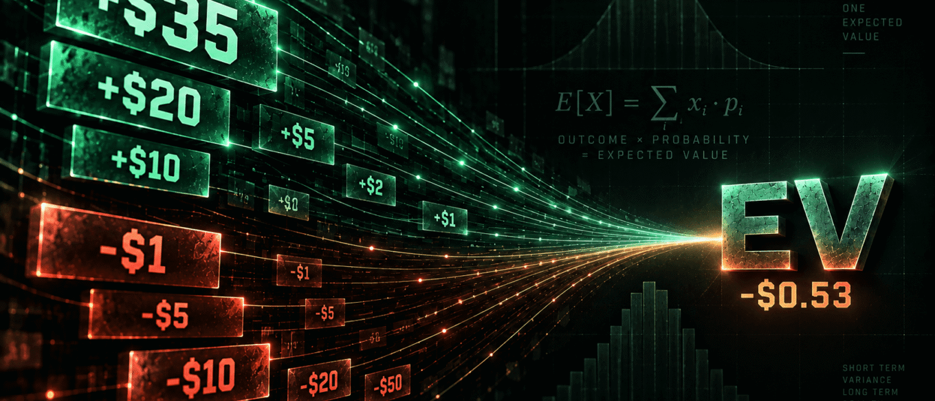 Expected value of a bet: each outcome multiplied by its probability and summed, giving the amount a wager is worth per attempt over the long run.