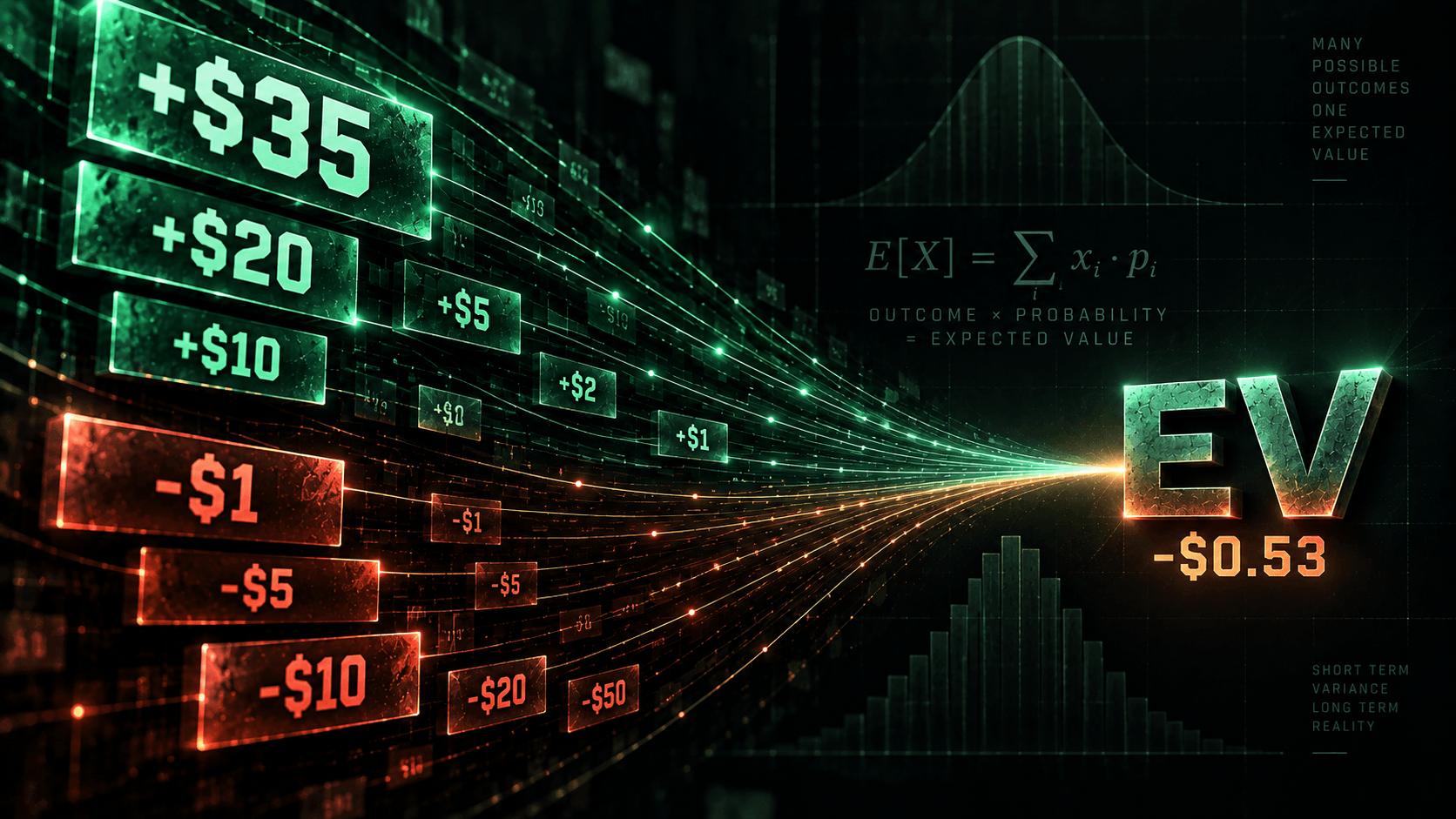 Expected value of a bet: each outcome multiplied by its probability and summed, giving the amount a wager is worth per attempt over the long run.